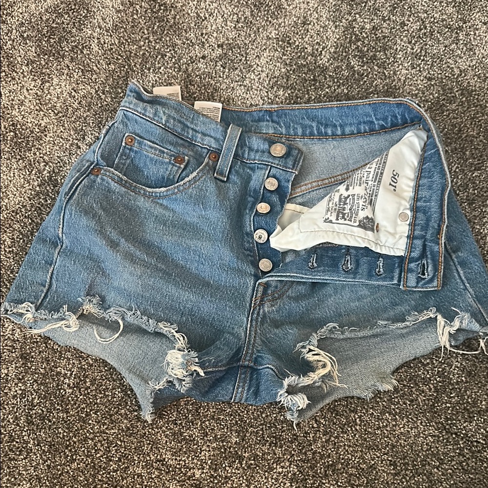 Levi's Blue High-Waisted Jean Shorts Distressed